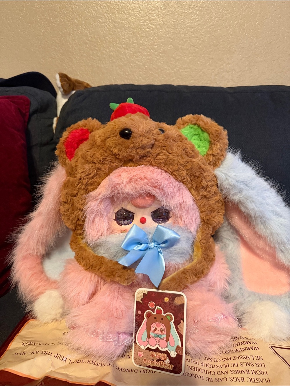 Hatposter 500% bunny Apple Plush Pink Bunny in Brown Bear Hood with Blue Bow